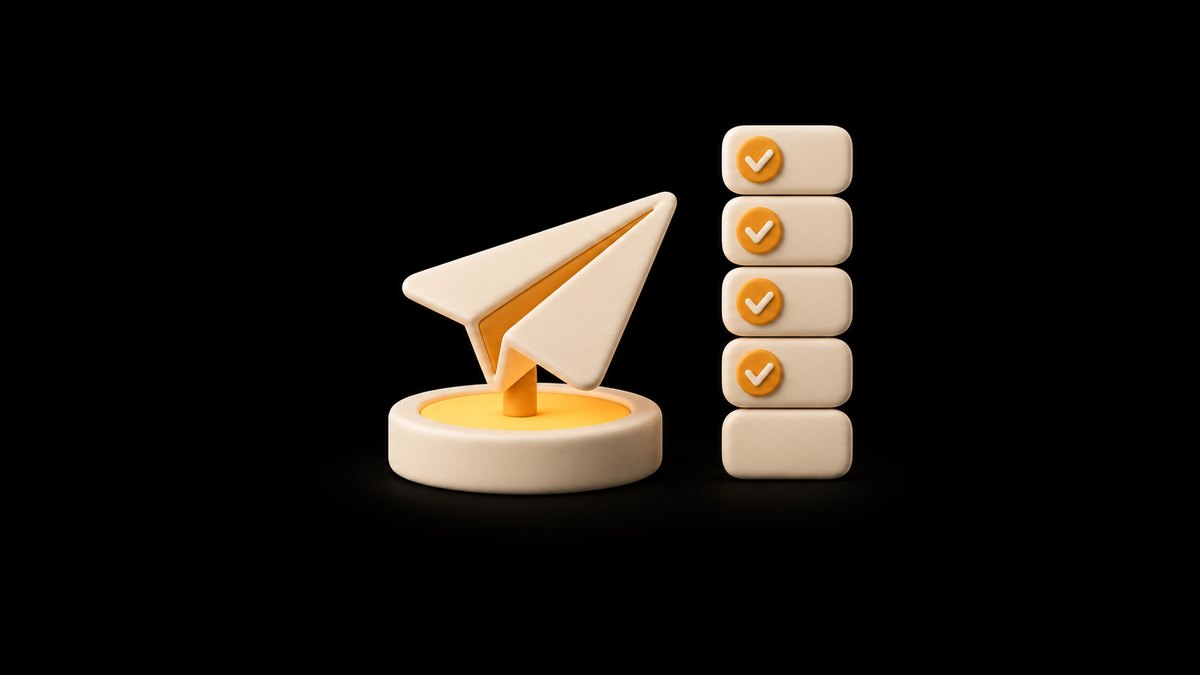A cream clay paper plane on a round launch pad with an amber glow, beside a column of five tiles, four marked with amber check marks and one still blank, on a black background.