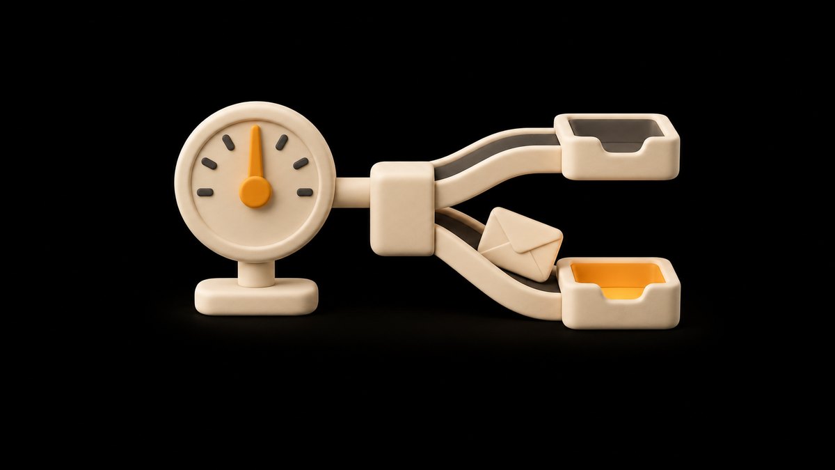 A cream clay dial gauge with its amber needle at the top of the scale, next to a chute that splits into two trays, with an envelope sliding into the lower one, on a black background.