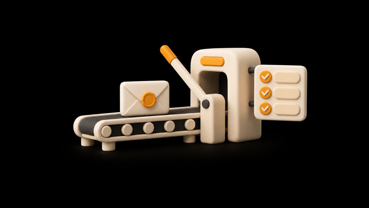 A cream clay envelope with an amber wax seal on a short conveyor, approaching a checkpoint booth with a raised barrier arm and a board of three rows marked with amber ticks, on a black background.