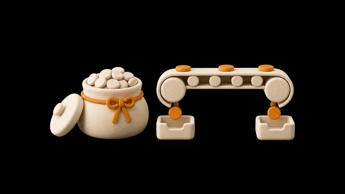 A cream clay jar of round tokens tied with an amber ribbon, its lid beside it, next to a clay conveyor that drops amber tokens into small trays, on a black background.