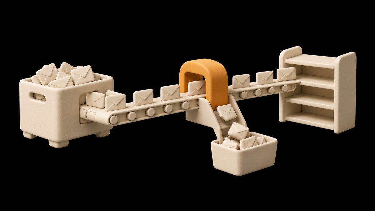 A cream clay crate of envelopes feeding a conveyor that passes under an amber clay arch, with rejected envelopes dropping into a bin and the rest heading to an empty shelf, on a black background.