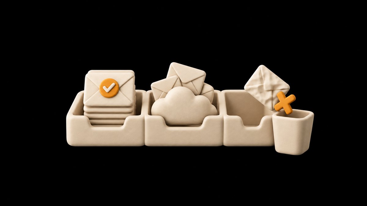 A cream clay sorting rack with three slots: a stack of envelopes with an amber check mark, envelopes half hidden in a clay cloud, and a crumpled envelope with an amber cross tipping into a small bin, on a black background.