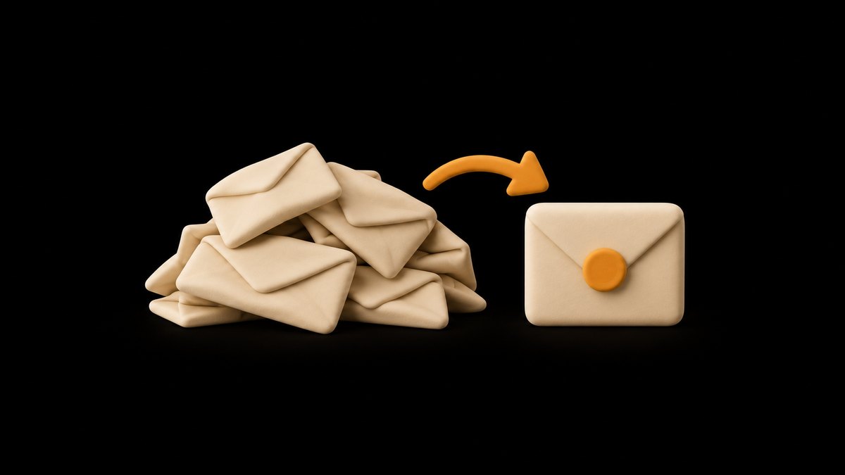 A pile of overstuffed cream clay envelopes beside one neat envelope sealed in amber, with an amber arrow curving between them, on a black background.