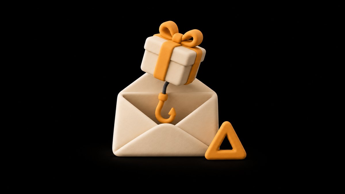 An open cream clay envelope with a gift box rising out of it, an amber fishing hook hanging beneath the box and an amber warning triangle beside it, on a black background.