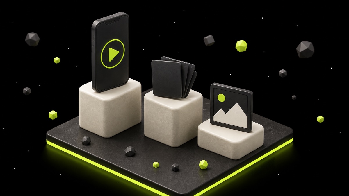 Three social content formats standing on podium blocks of descending height — a vertical phone playing video on the tallest, a fanned stack of carousel slides in the middle, and a single framed image tile on the shortest.