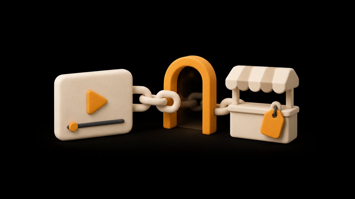 A cream clay video tile linked by a chain through an amber doorway to a small clay shop stall with an amber price tag, on a black background.