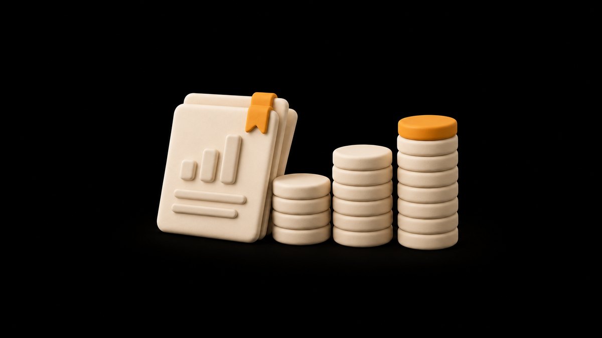 A stack of cream clay report sheets with an amber bookmark beside three coin stacks rising from left to right, the tallest topped in amber, on a black background.