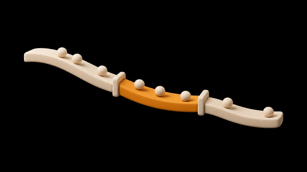 A long cream clay ribbon sloping gently down from left to right, with an amber stretch between two small pegs and tiny clay spheres rolling along it, on a black background.