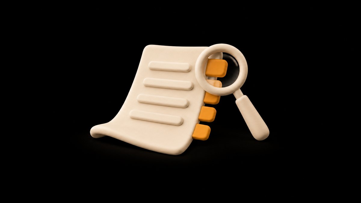 A curled cream clay contract sheet with four amber tabs along its edge and a magnifying glass over the first tab, on a black background.