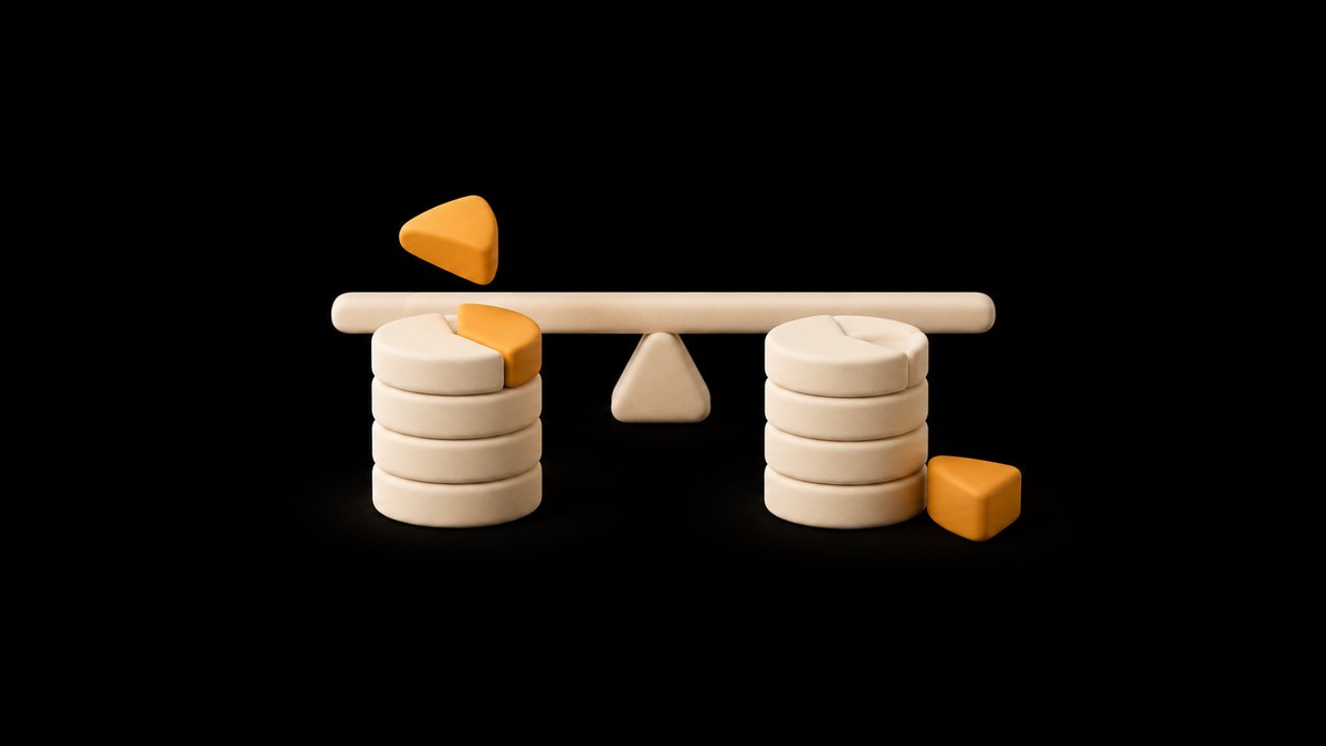 Two cream clay coin stacks under a balance beam, with an amber wedge lifted above one and a smaller amber wedge resting beside the other, on a black background.