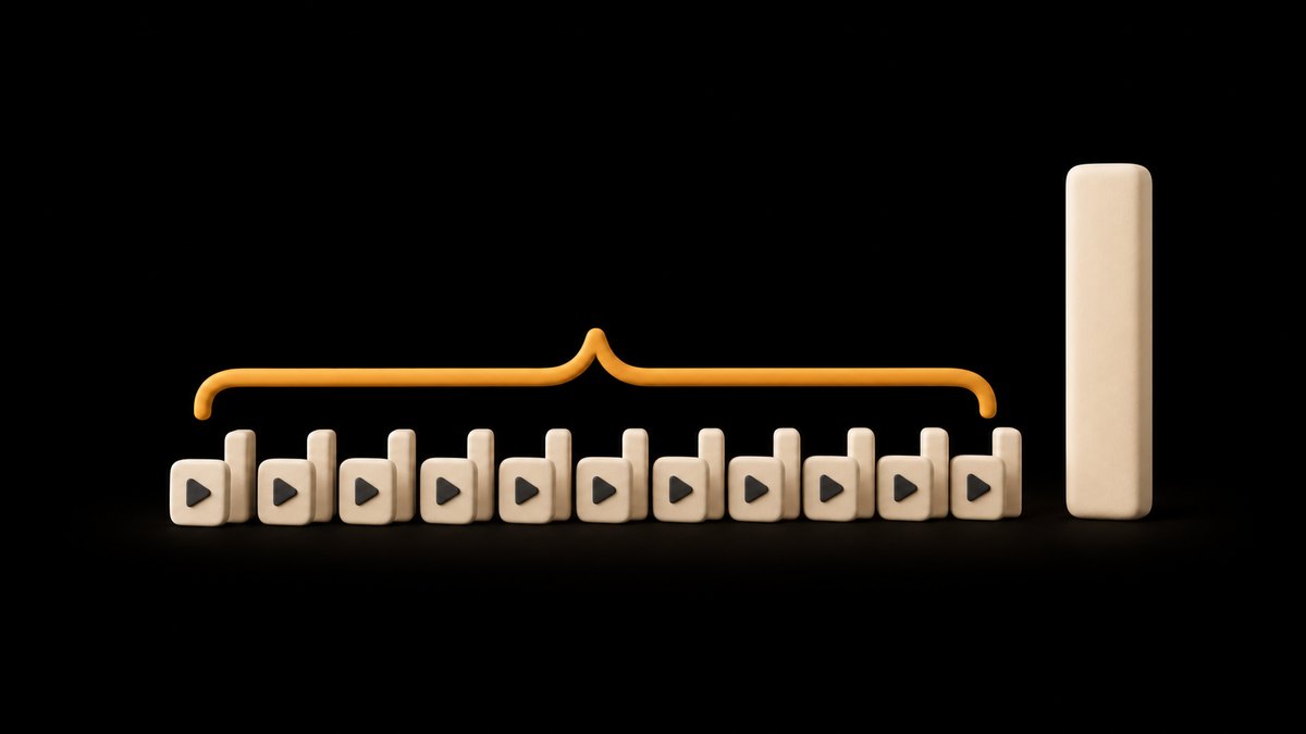 A row of ten small cream clay video tiles grouped under an amber clay bracket, with one very tall cream clay bar standing apart, on a black background.