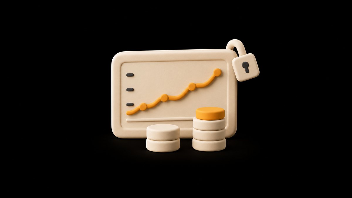 A cream clay dashboard panel with an amber line graph climbing to the right and a small padlock on its corner, behind two coin stacks, the taller one topped in amber, on a black background.