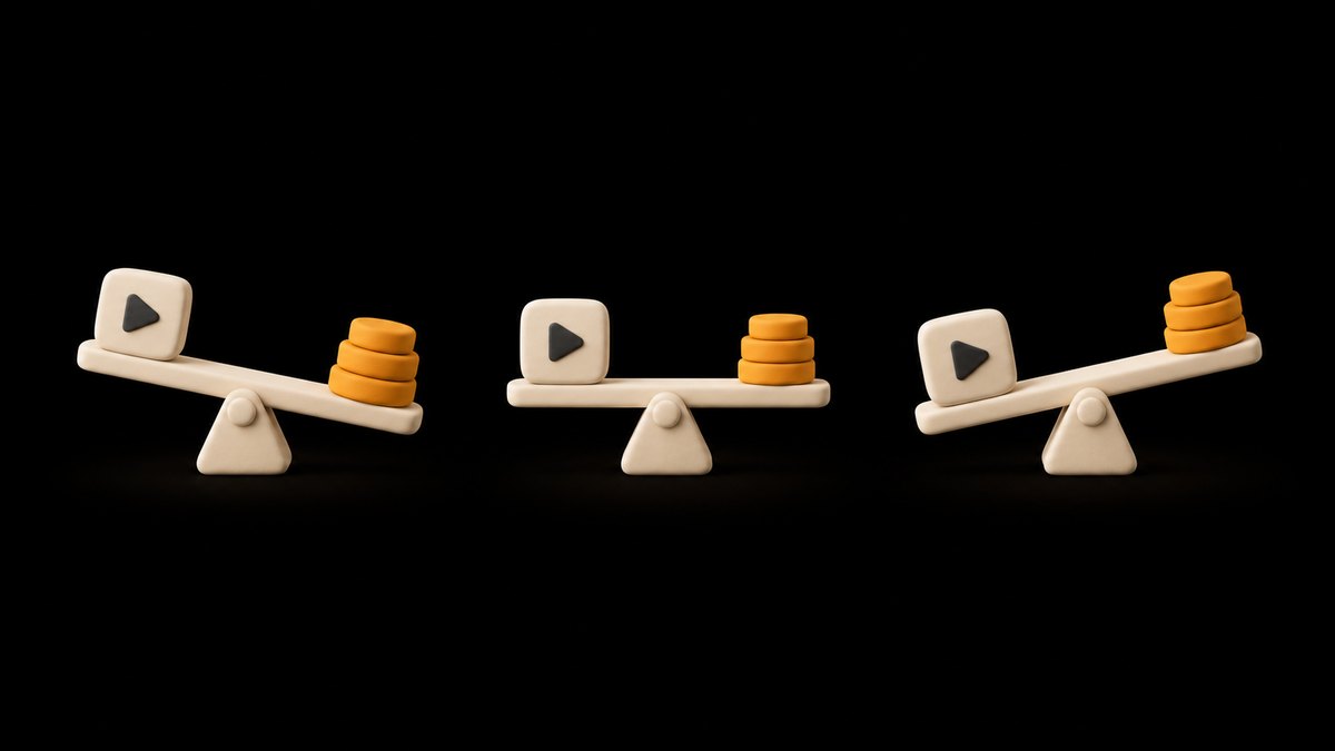 Three cream clay seesaws, each with a video tile at one end and an amber coin stack at the other: one tips to the coins, one tips to the video and one is level, on a black background.