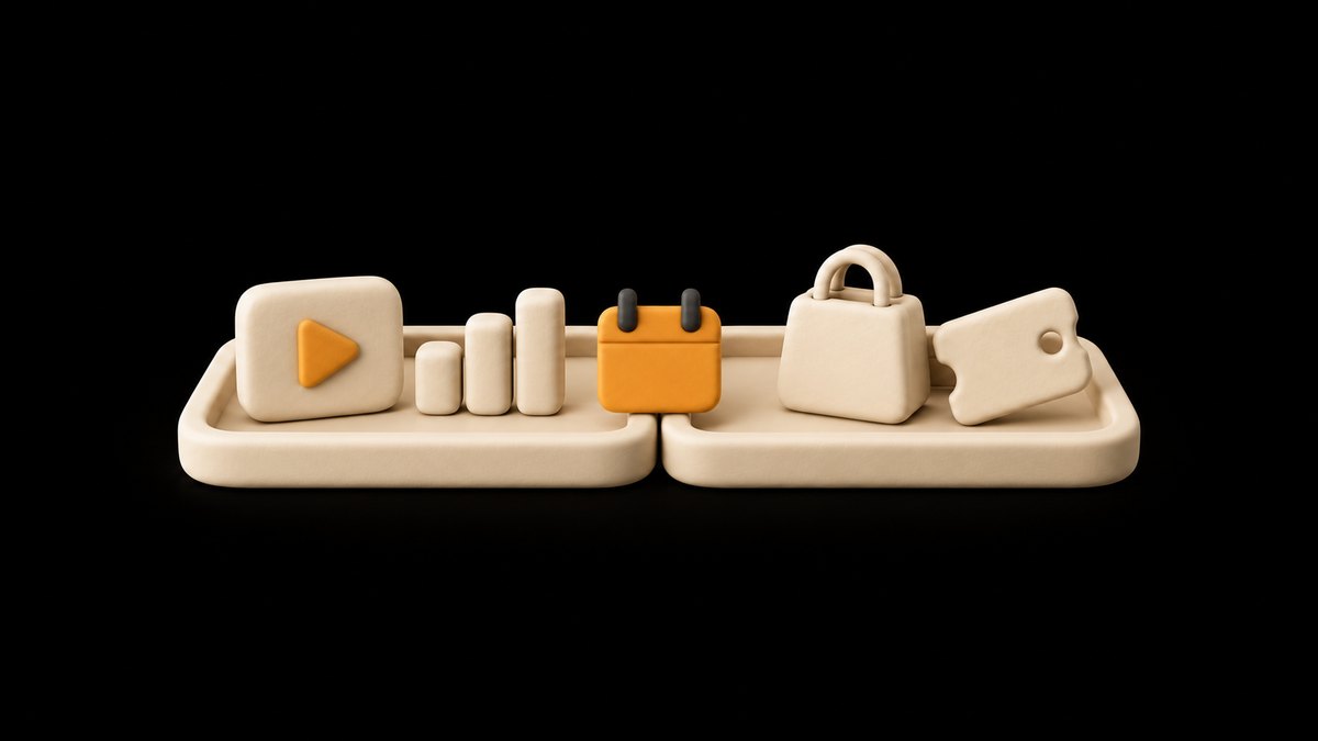 Two cream clay trays meeting edge to edge, one holding a video tile and bars, the other a shopping bag and a tag, with an amber calendar block on the seam, on a black background.