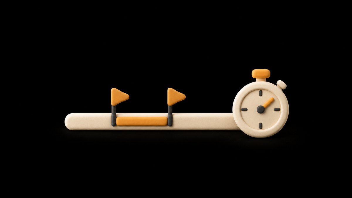 A cream clay timeline bar with two amber flag pins marking a short stretch, beside a round clay stopwatch with an amber button, on a black background.