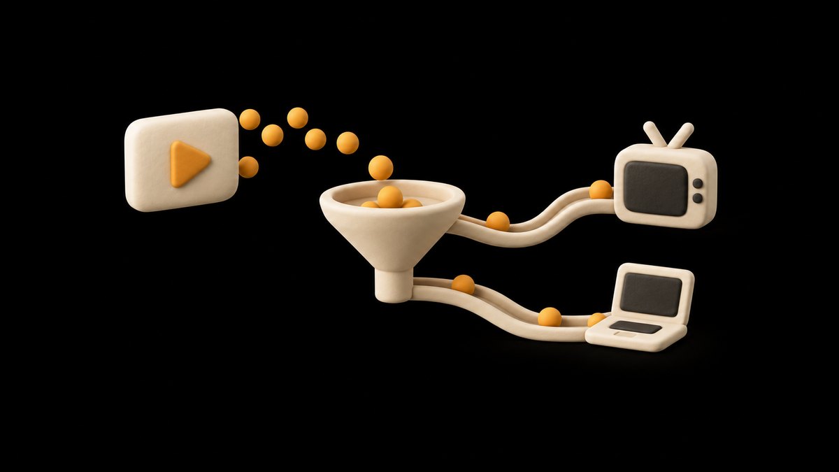 A cream clay video tile scattering amber beads: a few fall into a funnel while more roll along curved tracks toward a clay television and a laptop, on a black background.