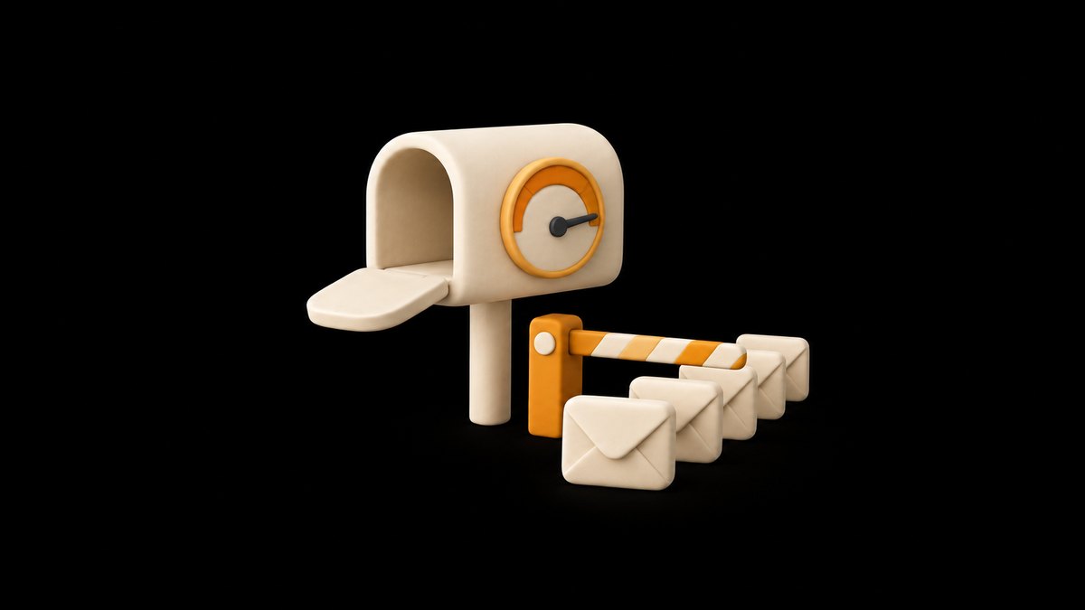 A cream clay mailbox whose amber dial gauge is turned all the way to the right, with five cream clay envelopes queued behind a lowered amber and cream barrier arm, on a black background.
