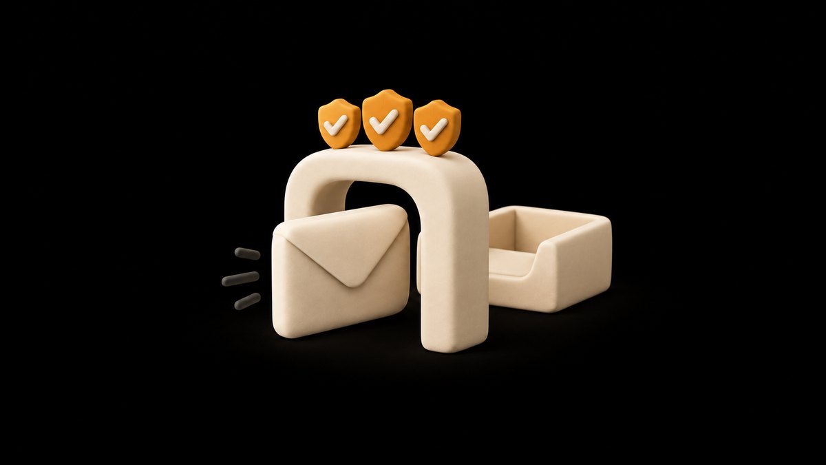A cream clay envelope passing through a cream clay arch topped with three amber clay shields with check marks, on its way to a cream clay inbox tray, on a black background.