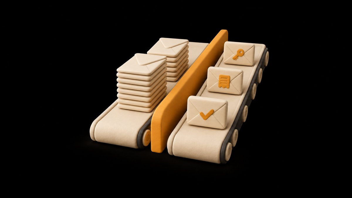 Two cream clay conveyor belts divided by a low amber clay wall: one carries a tall stack of envelopes, the other carries single envelopes with amber key, receipt and check mark badges, on a black background.