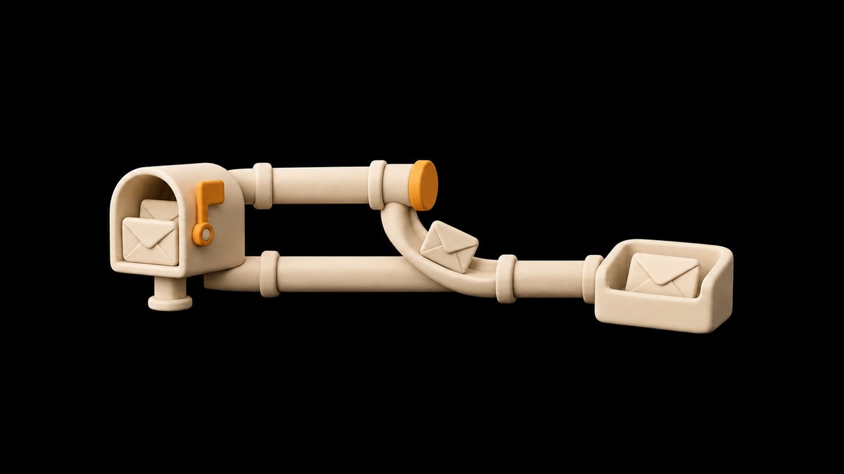 Two cream clay pipes run from a mailbox to an inbox tray; the upper pipe is capped in amber and a short bypass carries an envelope down into the lower pipe, on a black background.