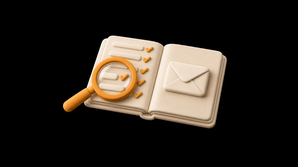 An open cream clay ledger with rows ending in amber check marks, an envelope on the right page and an amber magnifying glass over one row, on a black background.