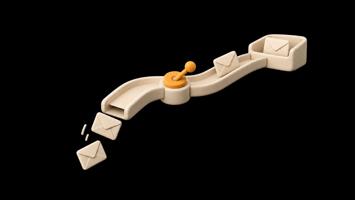 A cream clay chute with an amber lever switch: one branch ends in mid-air with two envelopes falling off, the other carries an envelope to an inbox tray, on a black background.